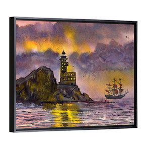 Ship & Lighthouse In Sea Artwork Wall Art