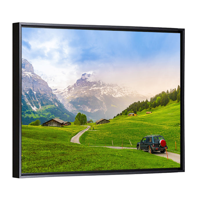 Grindelwald Alpine Village Road Wall Art as a framed canvas