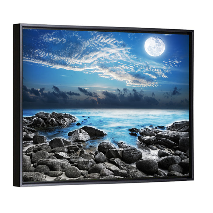 Moonlit Tropical Bay with Rocky Coast Wall Art as a framed canvas