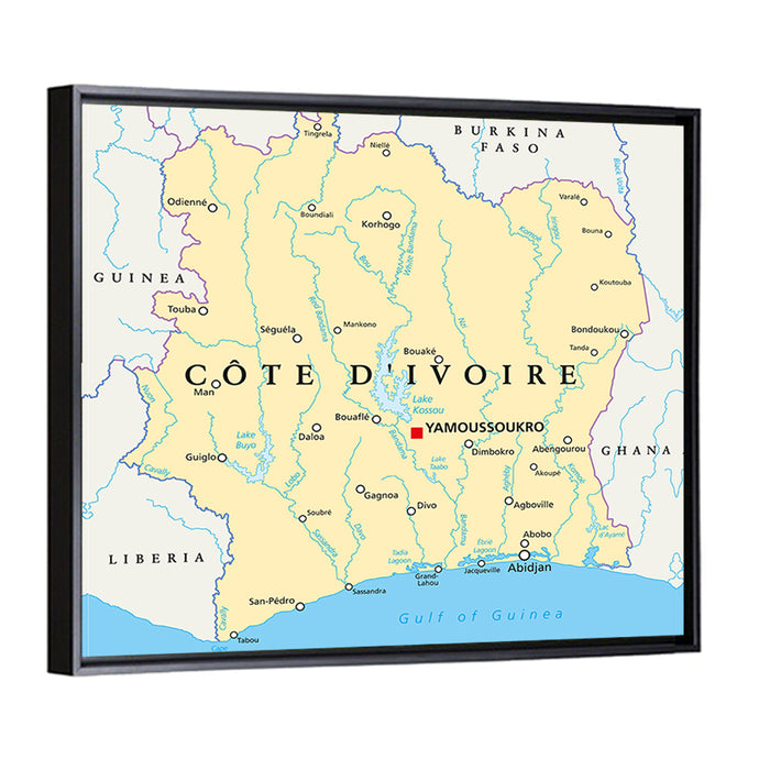 Côte D'ivoire Political Map Wall Art as a framed canvas