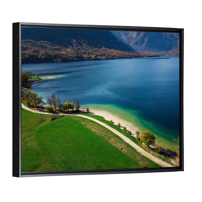 Bohinj Lake Shoreline Wall Art as a framed canvas