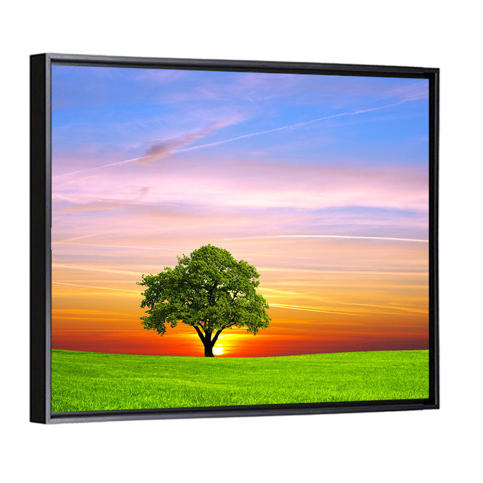 Lone Tree at Sunset Wall Art as a framed canvas