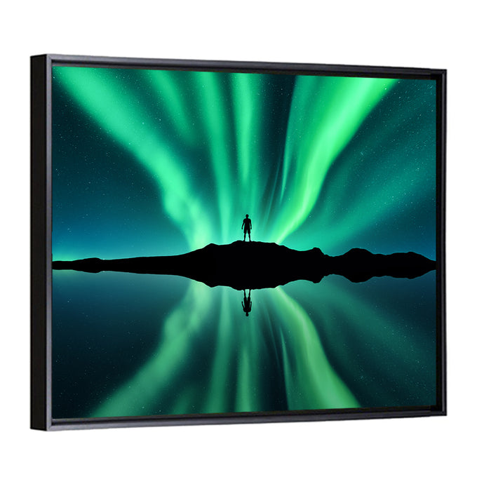 Northern Lights Over Mountain Lake, Norway Wall Art as a framed canvas