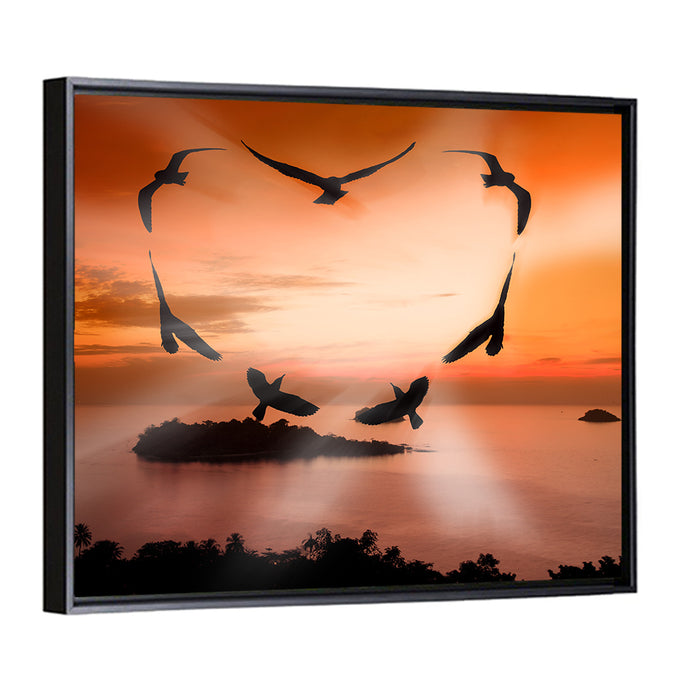 Heart-shaped Birds at Sunset Wall Art as a framed canvas