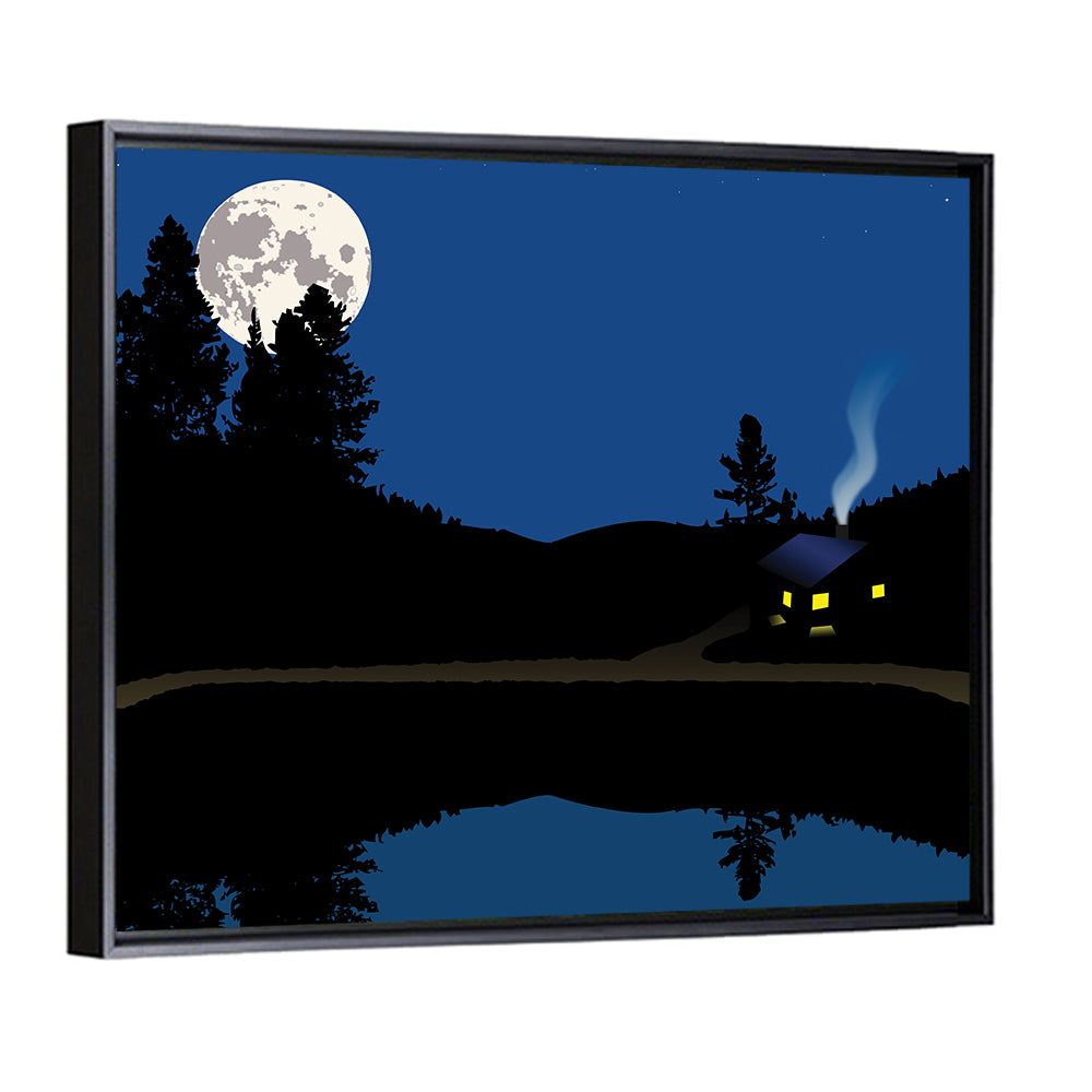 Moonlit Cabin on Mountain Lake Canvas Wall Art