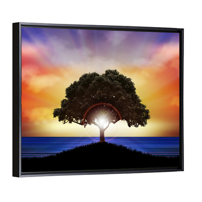 Coastal Sunset Tree Silhouette Wall Art as a framed canvas