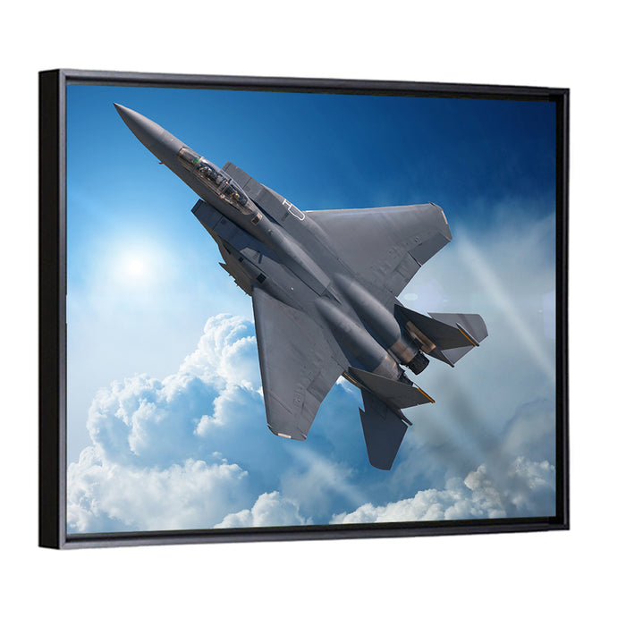 Low Angle Fighter Jet Over Sky Wall Art as a framed canvas
