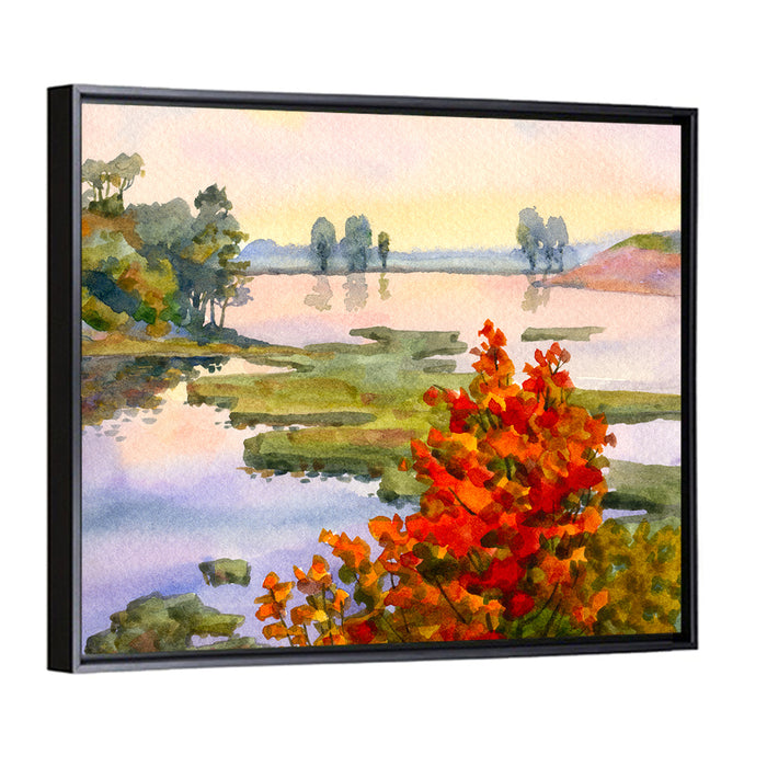Autumn Lake Watercolor Wall Art as a framed canvas