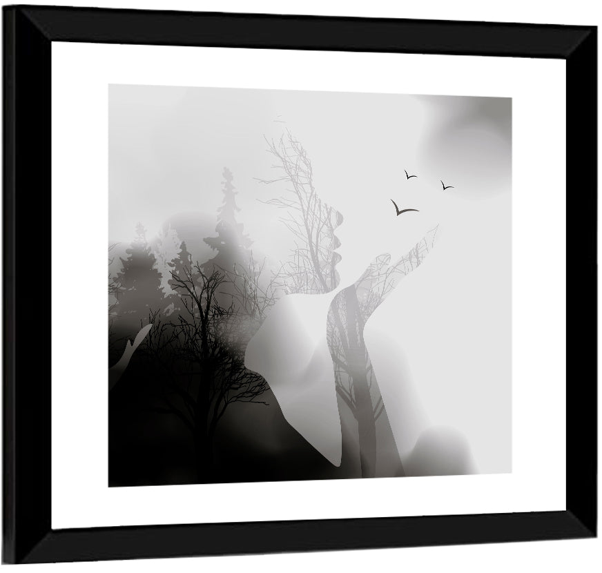 Woman Profile Forest Double Exposure Wall Art