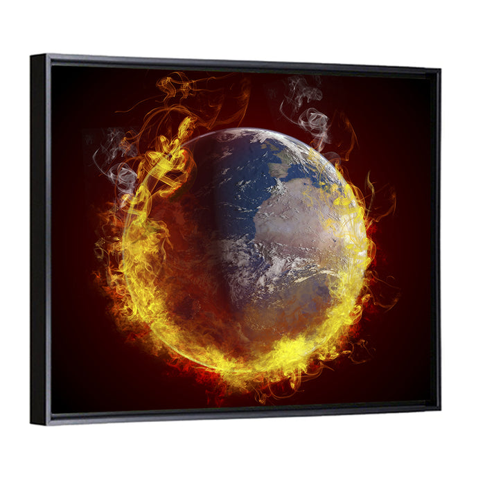 Burning Planet Earth Wall Art as a framed canvas