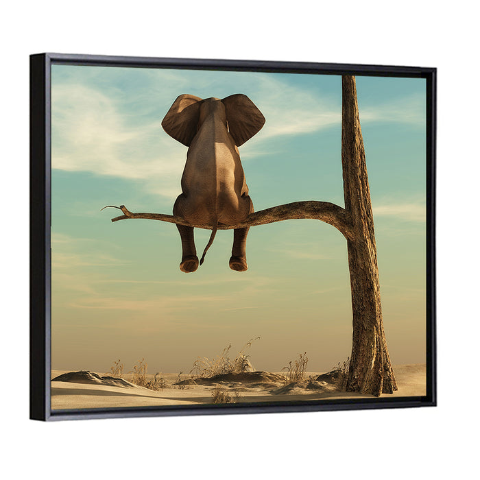 Solitary Elephant on a Tree Branch Wall Art as a framed canvas