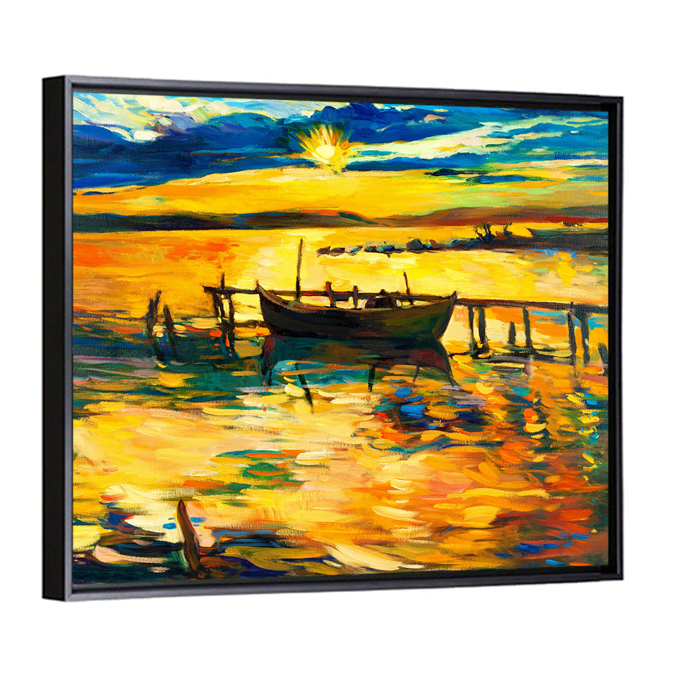 Sunset Boat at Jetty Oil Painting Wall Art