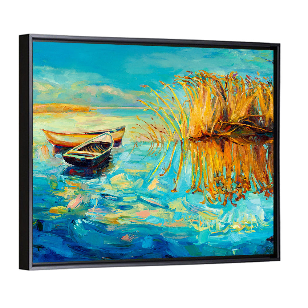 Rowboats and Reeds on Blue Lake Wall Art