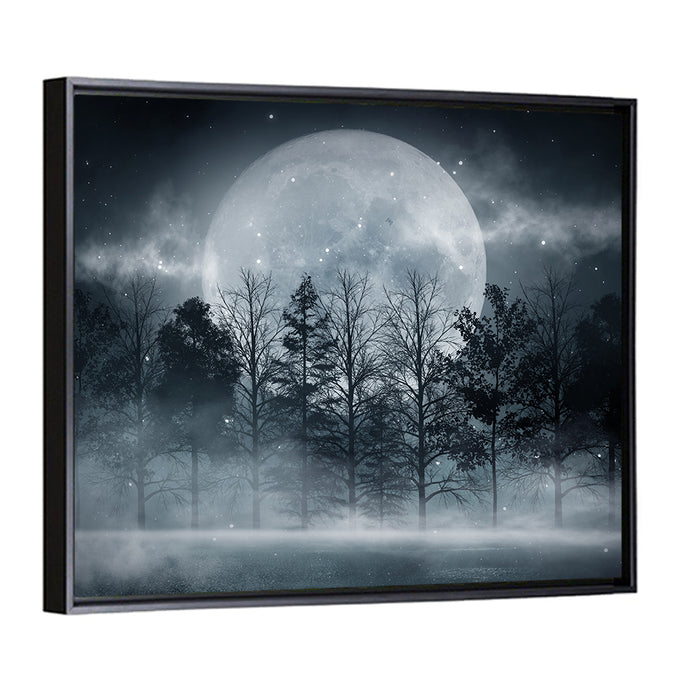 Full Moon Over Misty Forest Wall Art as a framed canvas