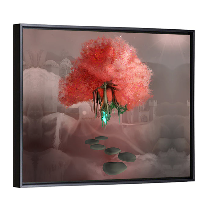 Floating Pink Tree Over Stone Path Wall Art as a framed canvas