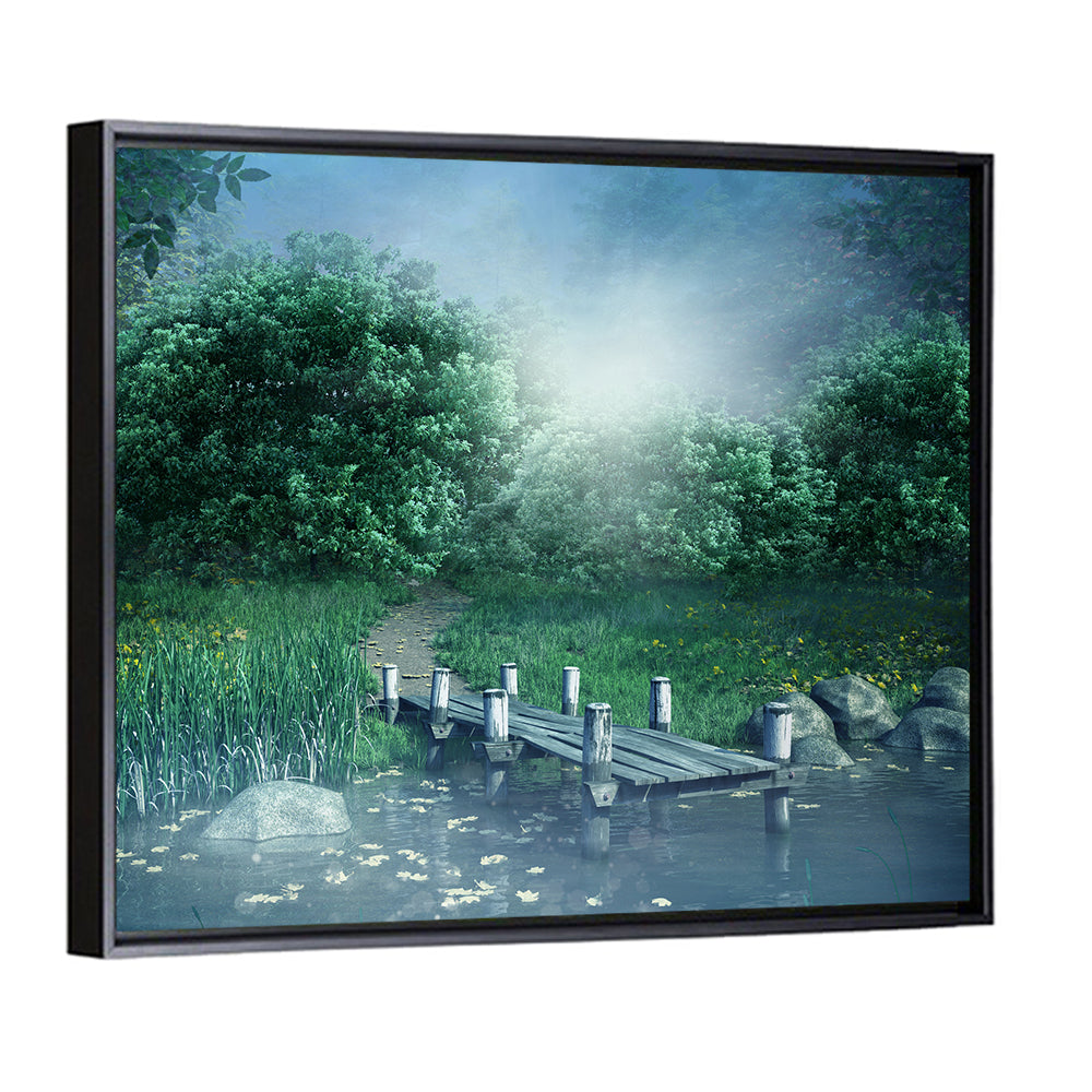 Misty Forest Lake with Wooden Bridge Wall Art