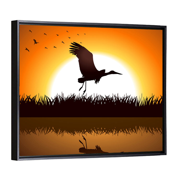 Stork Silhouette at Sunset Wall Art as a framed canvas