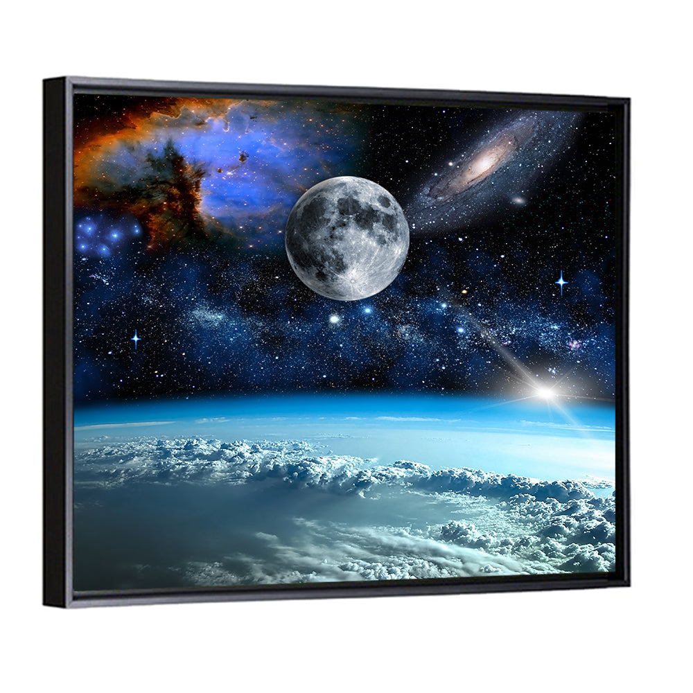 Earth and Moon Over Clouds Wall Art