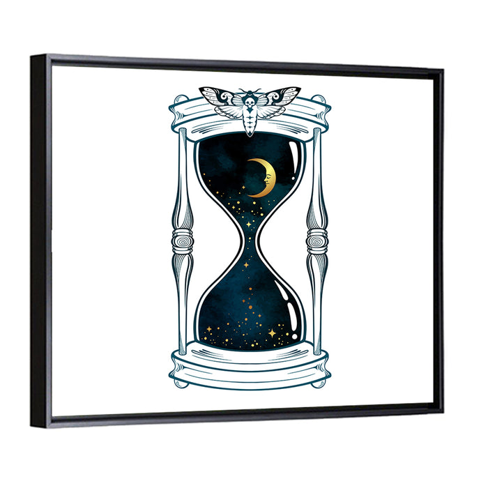 Hand Drawn Hourglass with Moth Wall Art as a framed canvas
