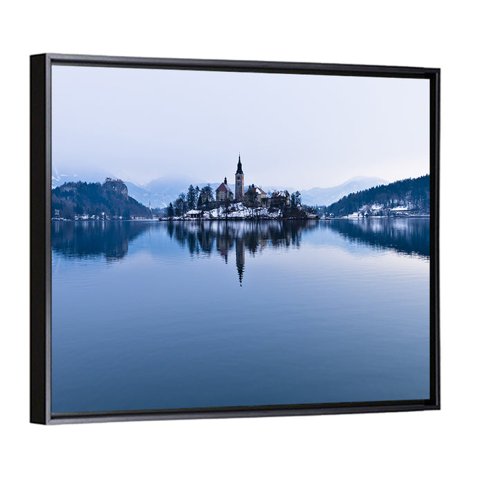 Bled Island Church in Winter Wall Art as a framed canvas