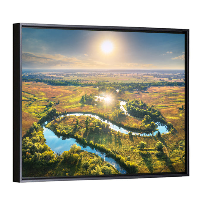 Meandering River at Summer Sunrise Wall Art as a framed canvas