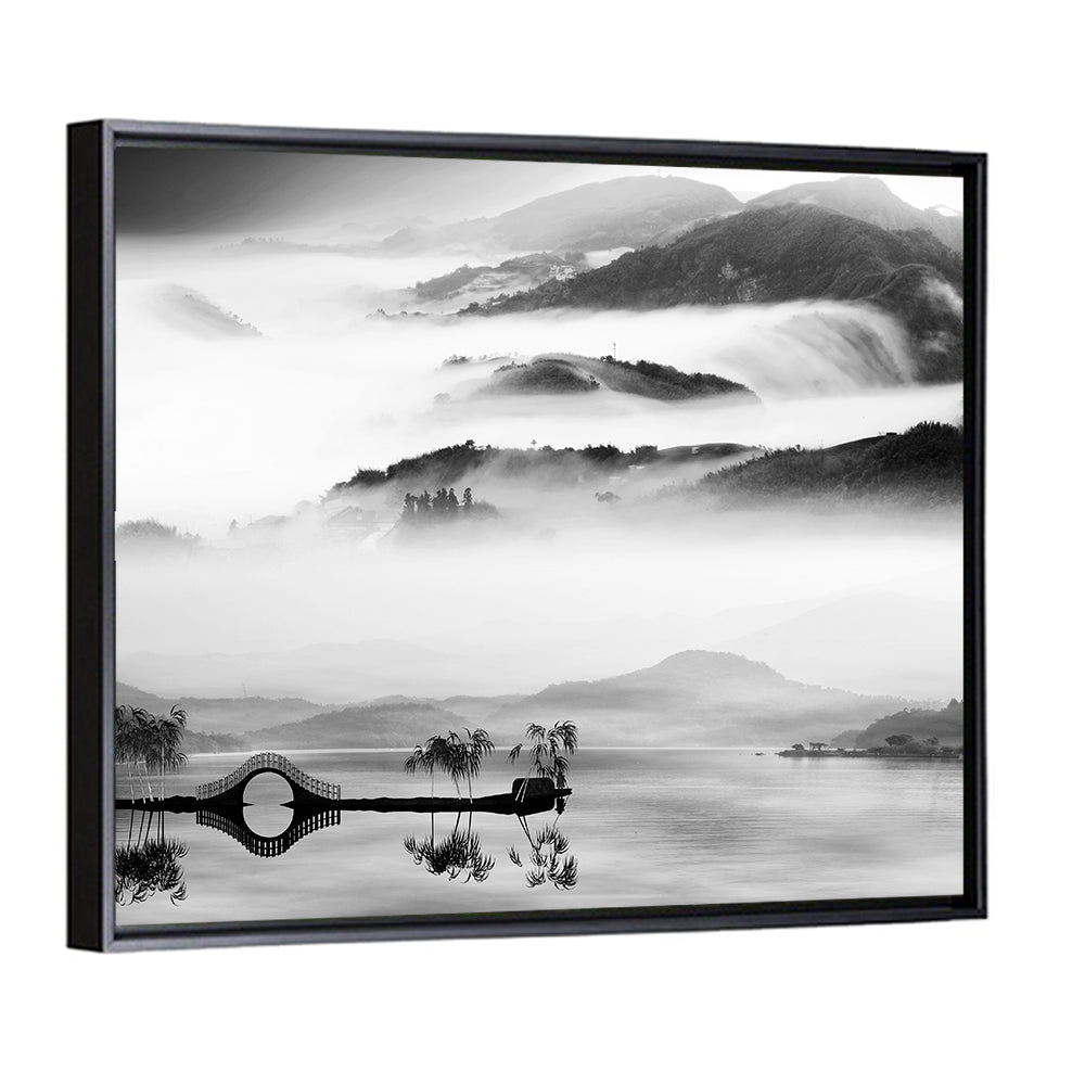Misty Chinese Lake with Bridge Wall Art