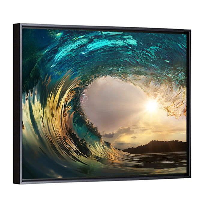 Sunset Barrel Wave Wall Art as a framed canvas