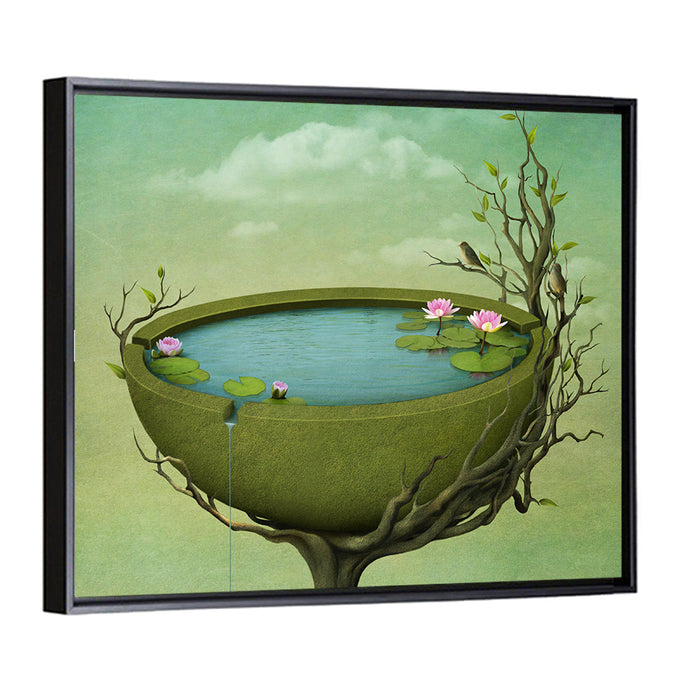 Surreal Tree Basin with Water Lilies Wall Art as a framed canvas