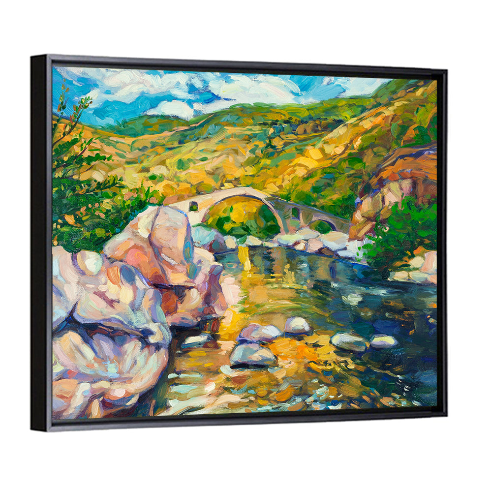 Arched Stone Bridge in Mountain River Wall Art