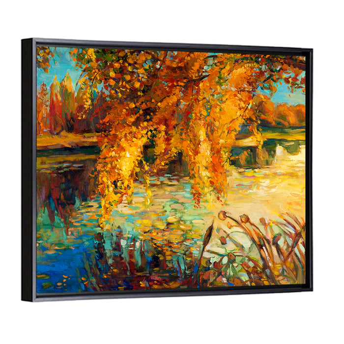 Autumn Lake with Weeping Willow Wall Art as a framed canvas