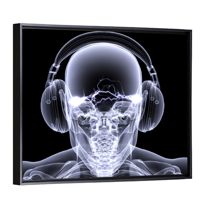 X-ray Skull with Headphones Wall Art as a framed canvas