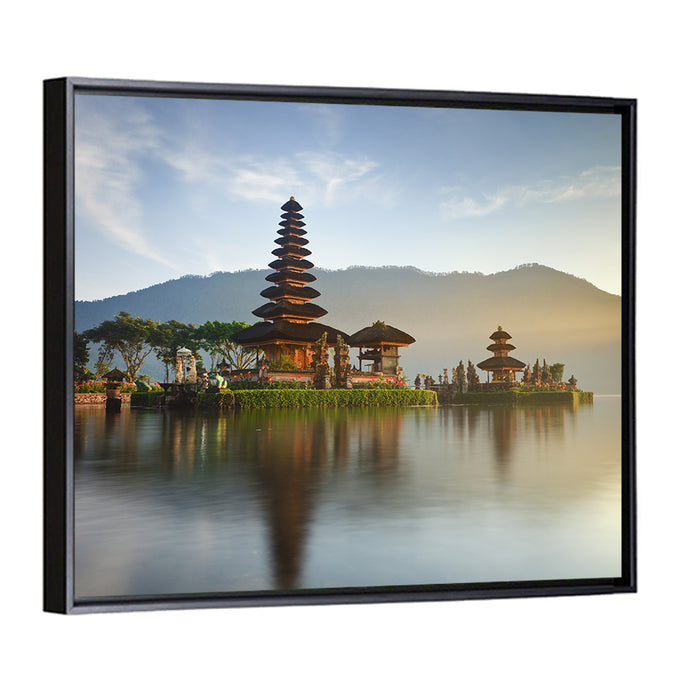 Ulun Danu Beratan Temple at Sunrise Wall Art as a framed canvas