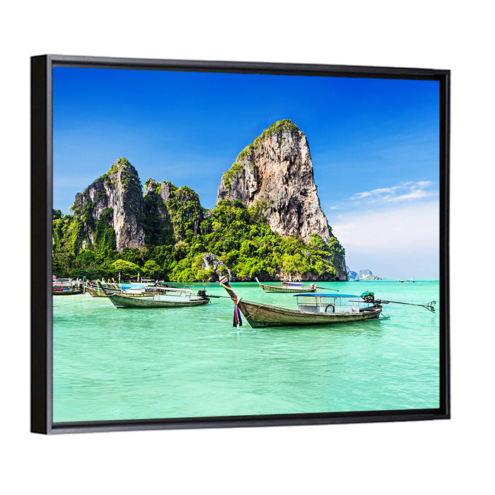 Railay Beach Long-tail Boats Wall Art as a framed canvas