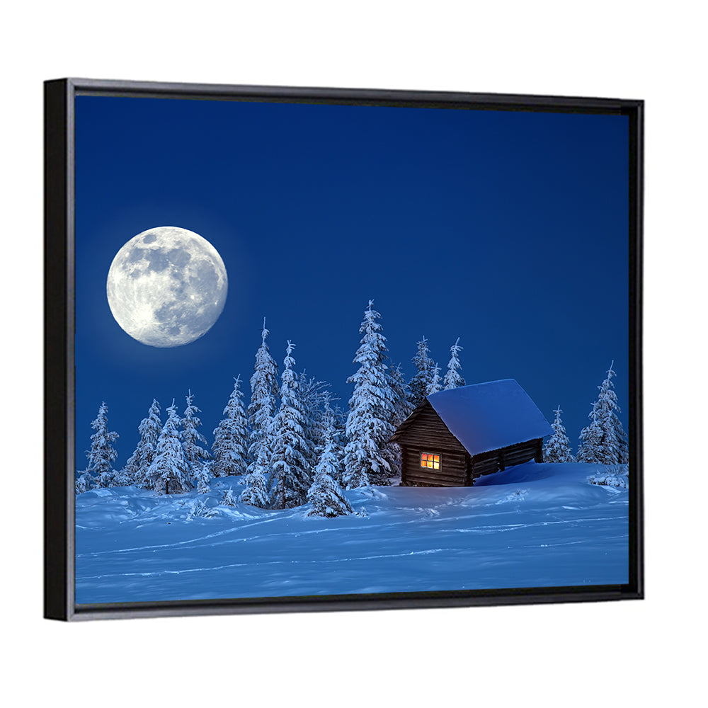Moonlit Winter Cabin in Forest Wall Art