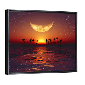 Yellow Moon Over Red Sunset At Tropical Sea Wall Art