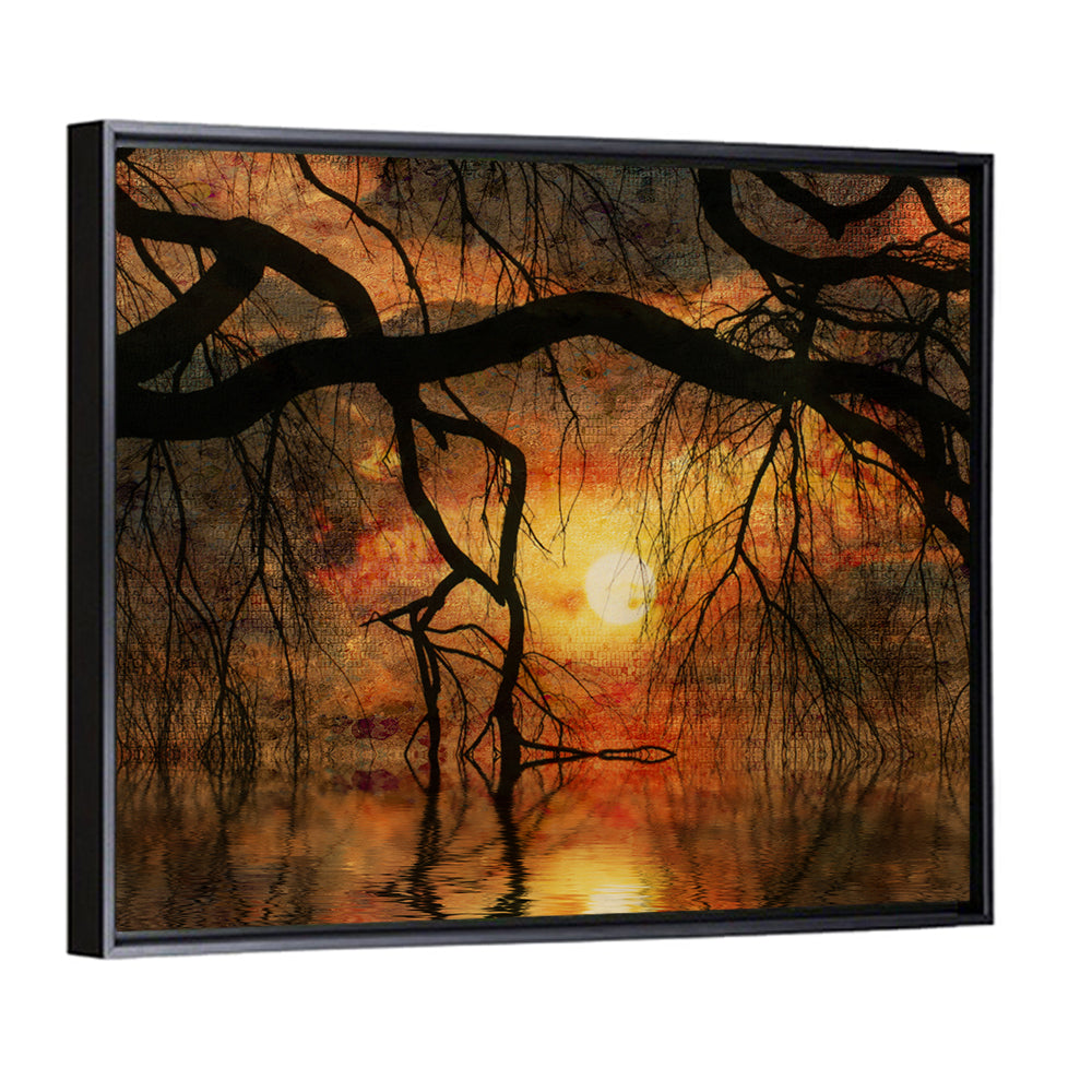Lake Tree Silhouette at Golden Sunset Wall Art