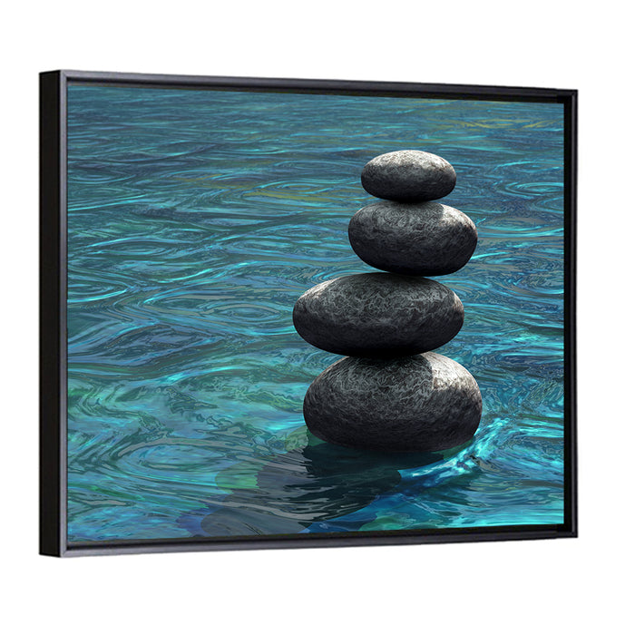 Zen Stone Stack Over Rippling Water Wall Art as a framed canvas