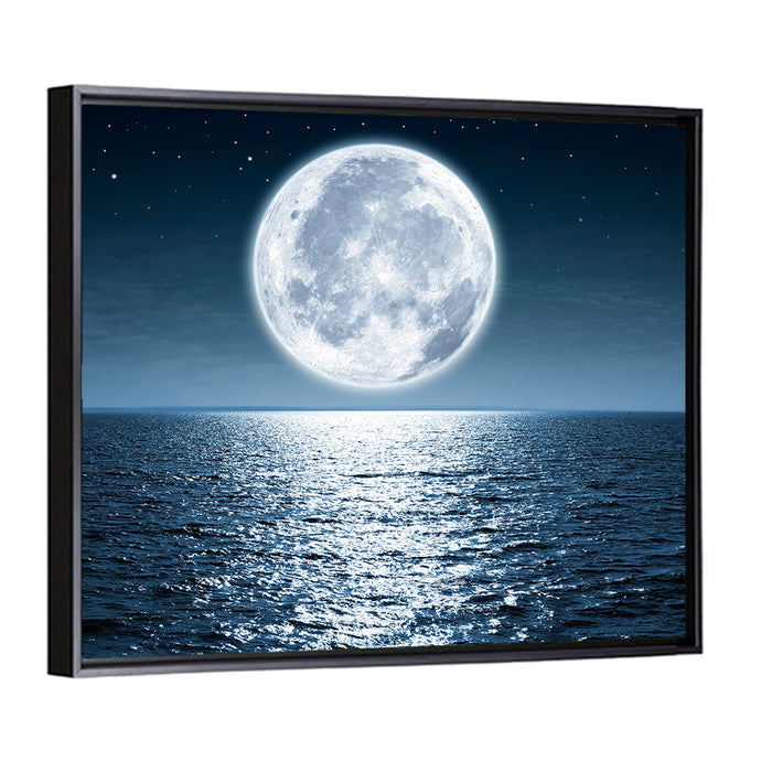 Full Moon Rising Over Ocean Wall Art as a framed canvas