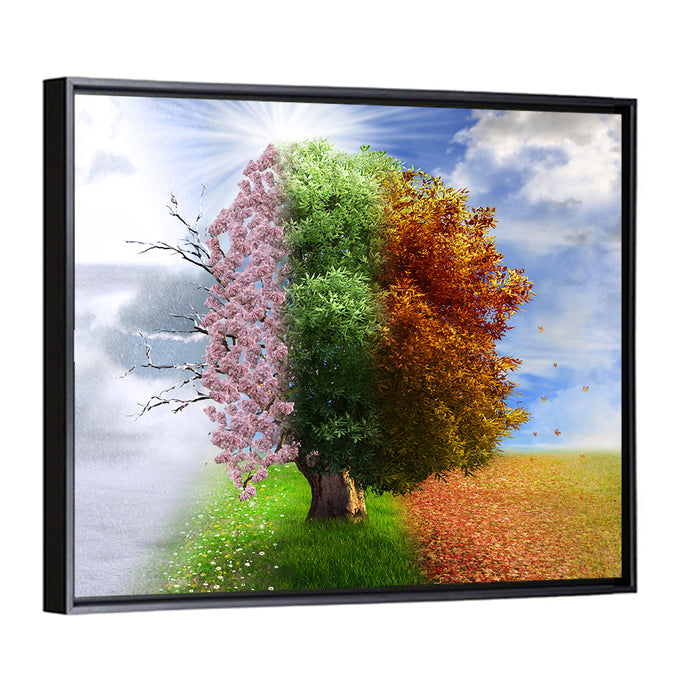 Tree Through Four Seasons Wall Art as a framed canvas