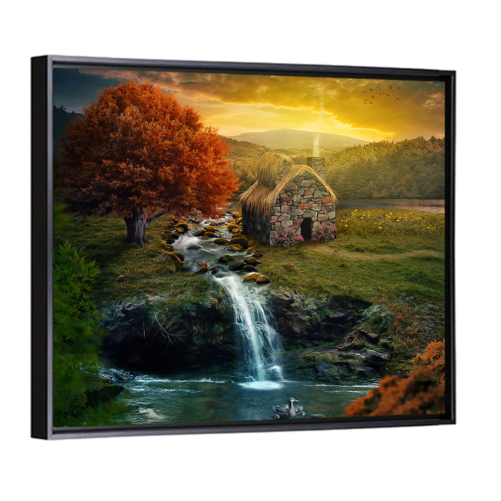 Thatched Cottage by Mountain Stream Wall Art