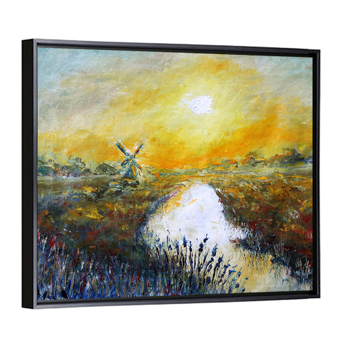 Windmill at Sunrise Over River Wall Art as a framed canvas