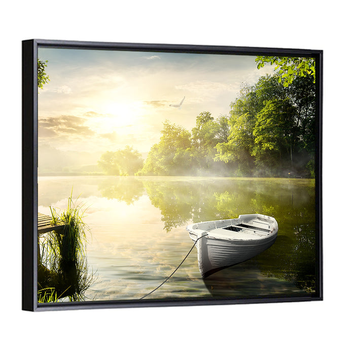 Rowboat at Misty Dock Wall Art as a framed canvas
