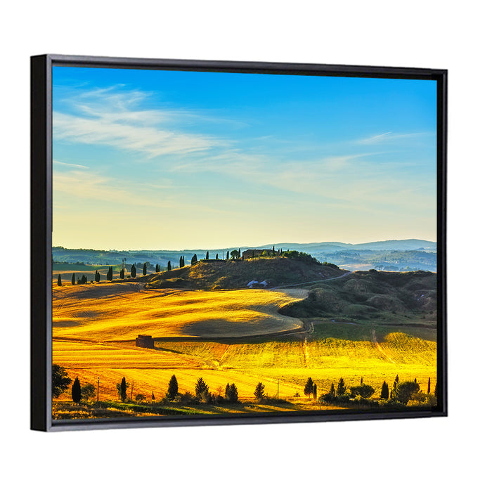 Cypress Trees Over Golden Fields Wall Art as a framed canvas