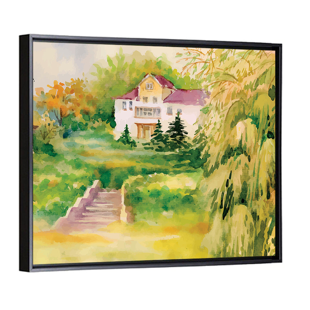 Hilltop House in Garden Illustration Wall Art