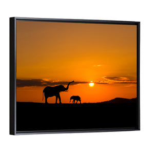 Elephants In Savannah At Sunset Wall Art