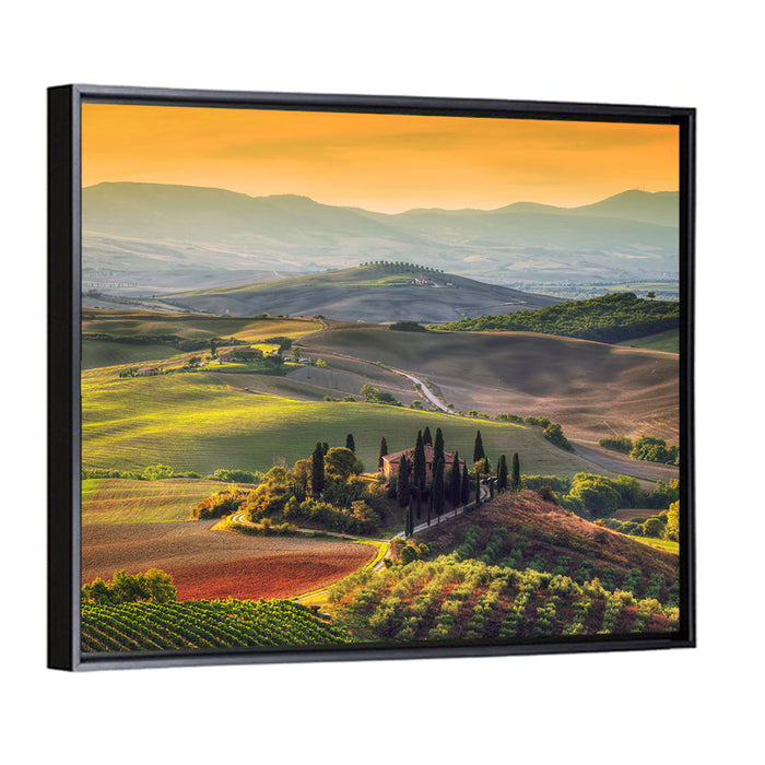 Val D'orcia Sunset Hills Wall Art as a framed canvas