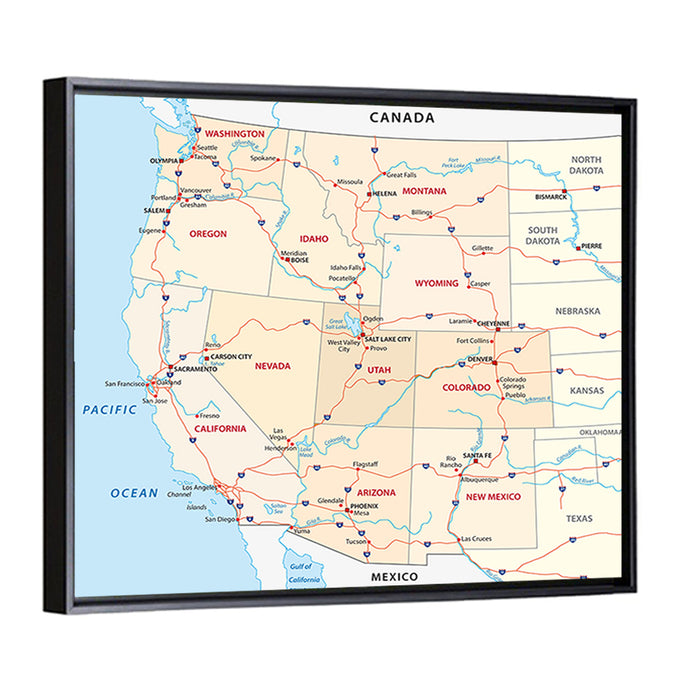 Western United States Map Wall Art as a framed canvas