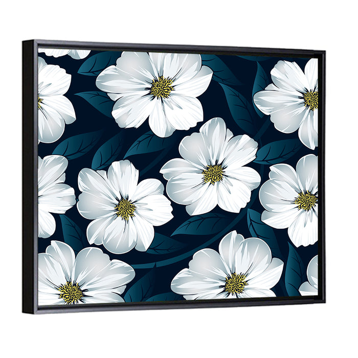 White Flowers on Navy Pattern Wall Art as a framed canvas