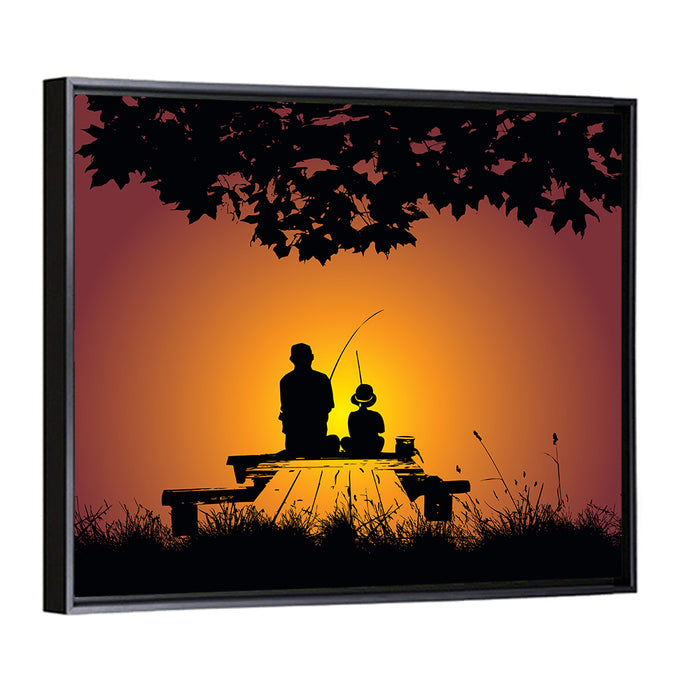 Father and Child Fishing Silhouette Wall Art as a framed canvas