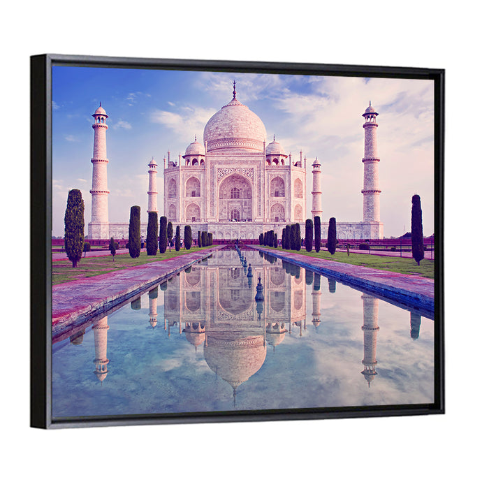 Taj Mahal Sunrise Reflection Wall Art as a framed canvas